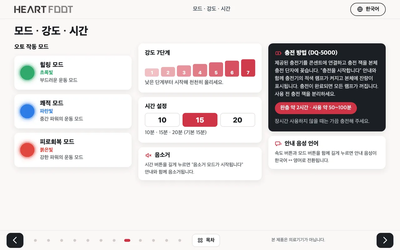 하트풋 디지털 브로셔 — 모드·강도·시간 안내